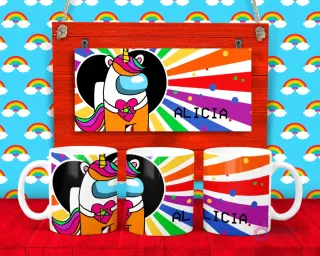 Plantilla para taza de Among Us con un tripulante unicornio de colores vibrantes y el nombre 'Alicia', sobre un fondo de arcoíris.