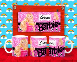 Plantilla para taza de Barbie con la muñeca en un vestido rosa y el nombre 'Lorena', sobre un fondo de glitter rosa.