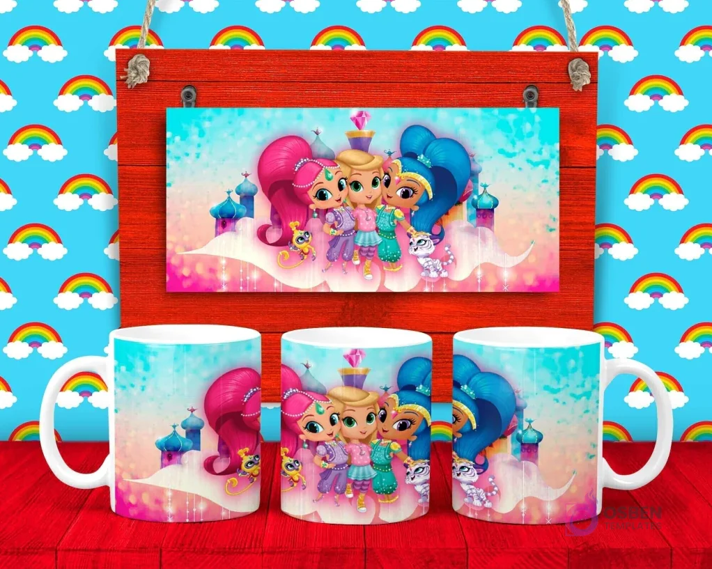 Plantilla para taza de Shimmer and Shine, las genios mágicas, con sus mascotas y castillos de fondo en tonos pastel.