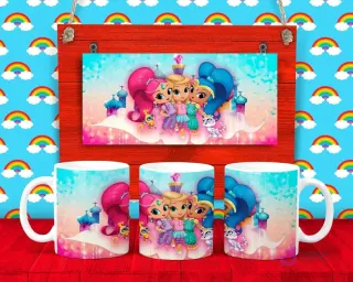 Plantilla para taza de Shimmer and Shine, las genios mágicas, con sus mascotas y castillos de fondo en tonos pastel.