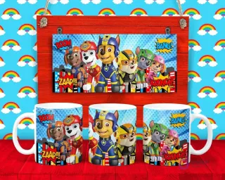 Plantilla para taza de Paw Patrol con todos los cachorros (Chase, Marshall, Rubble, Skye, Zuma, Rocky) en pose de acción.