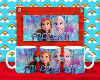 Plantilla para taza de Frozen II con las princesas Anna y Elsa de Disney en un bosque encantado de invierno.