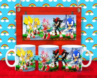 Plantilla para taza de Sonic, Shadow, y Amy Rose con sus amigos en una pose heroica, fondo de ciudad.