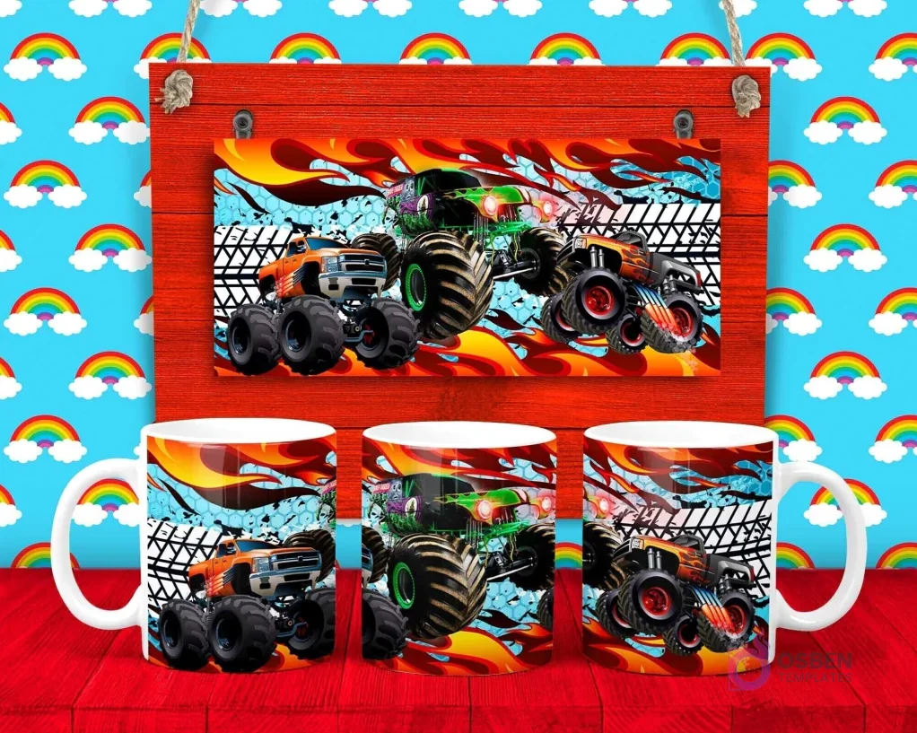 Plantilla para taza de Monster Trucks con vehículos todoterreno en llamas y huellas de neumáticos sobre un fondo abstracto azul.