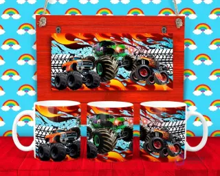 Plantilla para taza de Monster Trucks con vehículos todoterreno en llamas y huellas de neumáticos sobre un fondo abstracto azul.