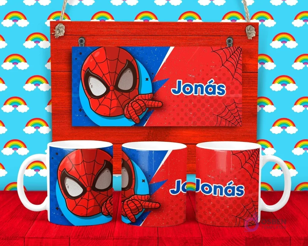 Plantilla para taza de Spider-Man con su máscara y el nombre 'Jonás' sobre un fondo geométrico rojo y azul con telarañas.