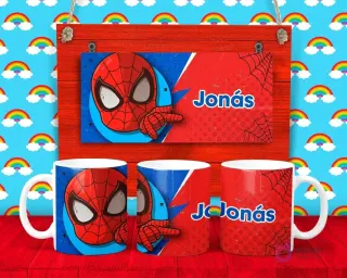 Plantilla para taza de Spider-Man con su máscara y el nombre 'Jonás' sobre un fondo geométrico rojo y azul con telarañas.