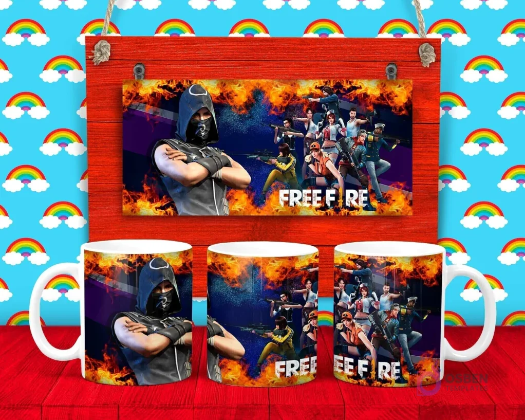 Plantilla para taza de Free Fire con personajes en poses de combate y el logo del juego, sobre un fondo de llamas y galaxias.