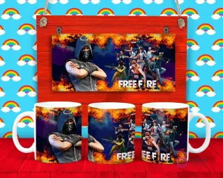Plantilla para taza de Free Fire con personajes en poses de combate y el logo del juego, sobre un fondo de llamas y galaxias.