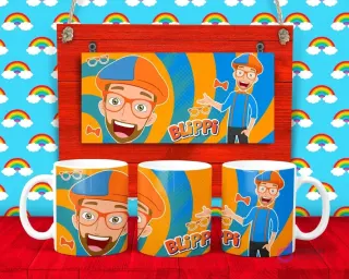 Plantilla para taza de Blippi, el personaje infantil, en dos poses diferentes con sus gafas y tirantes característicos.
