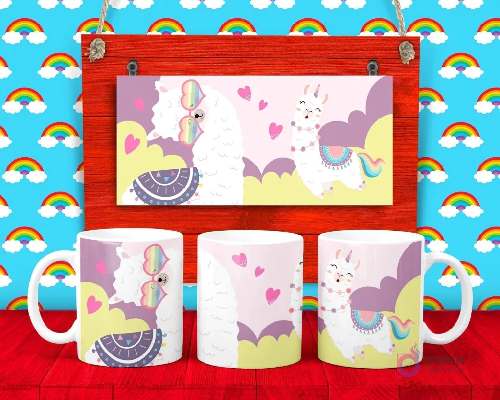 Plantilla para taza de Llamas caricaturescas, una con gafas de sol y otra con manta colorida, sobre nubes y corazones.