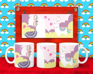 Plantilla para taza de Llamas caricaturescas, una con gafas de sol y otra con manta colorida, sobre nubes y corazones.