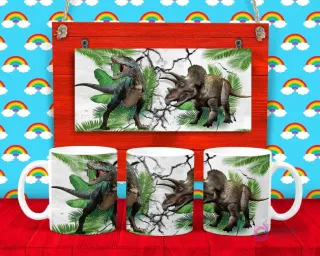 Plantilla para taza de Dinosaurios con un T-Rex y un Triceratops en un entorno selvático con grietas en el suelo.