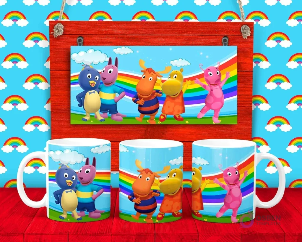 Plantilla para taza de The Backyardigans con Tyrone, Pablo, Uniqua, Tasha y Austin bailando sobre un arcoíris.