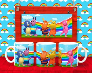 Plantilla para taza de The Backyardigans con Tyrone, Pablo, Uniqua, Tasha y Austin bailando sobre un arcoíris.