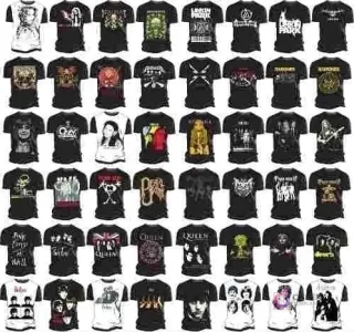 Colección de poleras negras personalizadas con logos y arte de bandas de rock y metal como Queen, Metallica, Iron Maiden y Linkin Park, ejemplos del pack de vectores para sublimación.