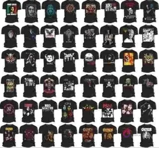 Panel visual con docenas de diseños de poleras de rock con logos de bandas icónicas como The Beatles, Ramones y Nirvana, demostrando la variedad del pack de vectores para sublimación y vinilo.