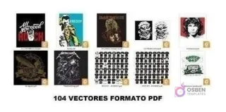 Vista previa de varios vectores en formato PDF, destacando diseños de 'All You Need is Rock', Freddy Mercury, Iron Maiden y The Doors, con el texto '104 VECTORES FORMATO PDF'.