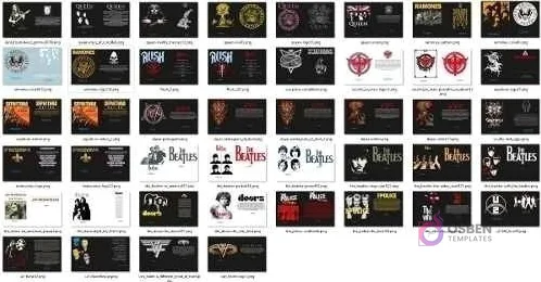 Grid de pequeños diseños de vectores en formato Corel (CDR) e Illustrator (EPS) de bandas como Queen, Ramones, Rush y The Beatles, parte de la colección para sublimación.