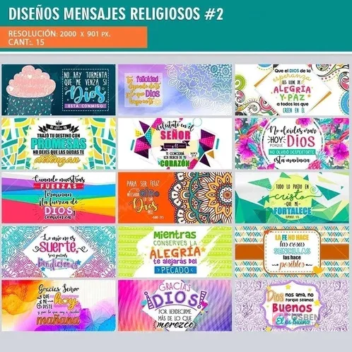 Mosaico de los 15 diseños de plantillas para tazas con mensajes religiosos variados en diferentes estilos y colores, indicando resolución y cantidad.