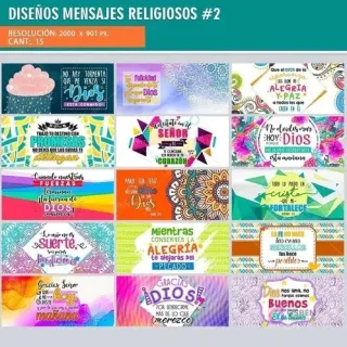 Mosaico de los 15 diseños de plantillas para tazas con mensajes religiosos variados en diferentes estilos y colores, indicando resolución y cantidad.