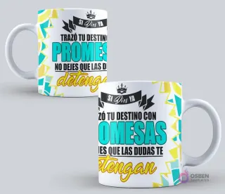 Mockup de taza sublimada con la frase 'Si Dios ya trazó tu destino con PROMESAS no dejes que las dudas te detengan' con fondo abstracto amarillo y azul.