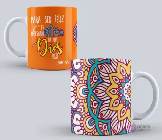 Mockup de taza sublimada con la frase 'Para ser feliz es necesario oír lo que Dios dice! Isaías 24:5' sobre un fondo naranja brillante con un mandala en la parte trasera.
