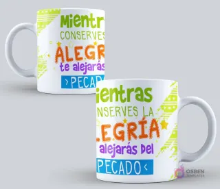 Mockup de taza sublimada con la frase 'Mientras conserves la ALEGRÍA te alejarás del PECADO' sobre un fondo blanco con manchas abstractas de color verde limón.