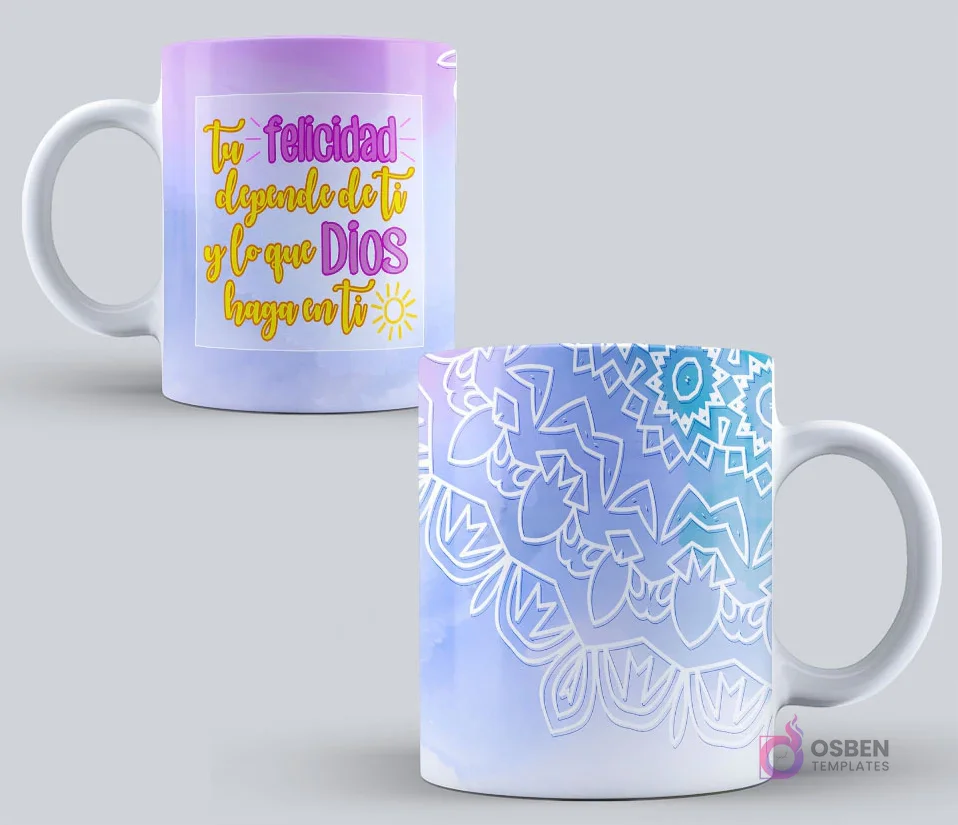 Mockup de taza sublimada con la frase 'Tu felicidad depende de ti y lo que DIOS haga en ti' con un fondo degradado de colores pastel y un mandala en la parte trasera.