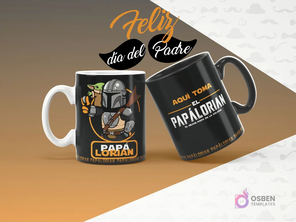 Dos tazas sublimadas del Día del Padre. Una blanca con 'Papalorian' (The Mandalorian con Baby Yoda) y otra negra con 'Aquí Toma El Papalorian'. Fondo gris con bigotes y 'Feliz día del Padre'.