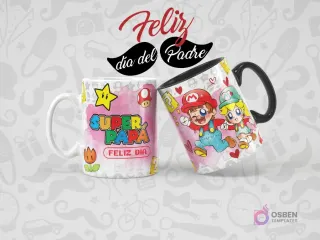 Dos tazas sublimadas con diseño de Super Mario Bros para el Día del Padre. Una taza blanca con 'Super Papá' y elementos de Mario, y otra blanca y negra con Mario y Peach, con corazones.