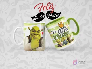 Dos tazas sublimadas de Shrek para el Día del Padre. Una taza blanca con Shrek y otra taza verde con 'Te Amo Papá Ogro' y los pequeños ogros.