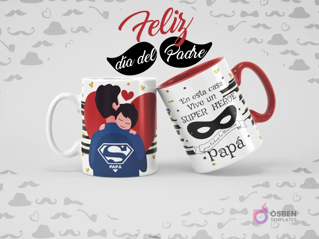 Dos tazas sublimadas de Superman para el Día del Padre. Una taza blanca con un papá con capa de Superman abrazando a su hijo, y otra taza roja y negra con antifaz y el mensaje 'En esta casa vive un superhéroe llamado Papá'.