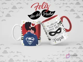 Dos tazas sublimadas de Superman para el Día del Padre. Una taza blanca con un papá con capa de Superman abrazando a su hijo, y otra taza roja y negra con antifaz y el mensaje 'En esta casa vive un superhéroe llamado Papá'.