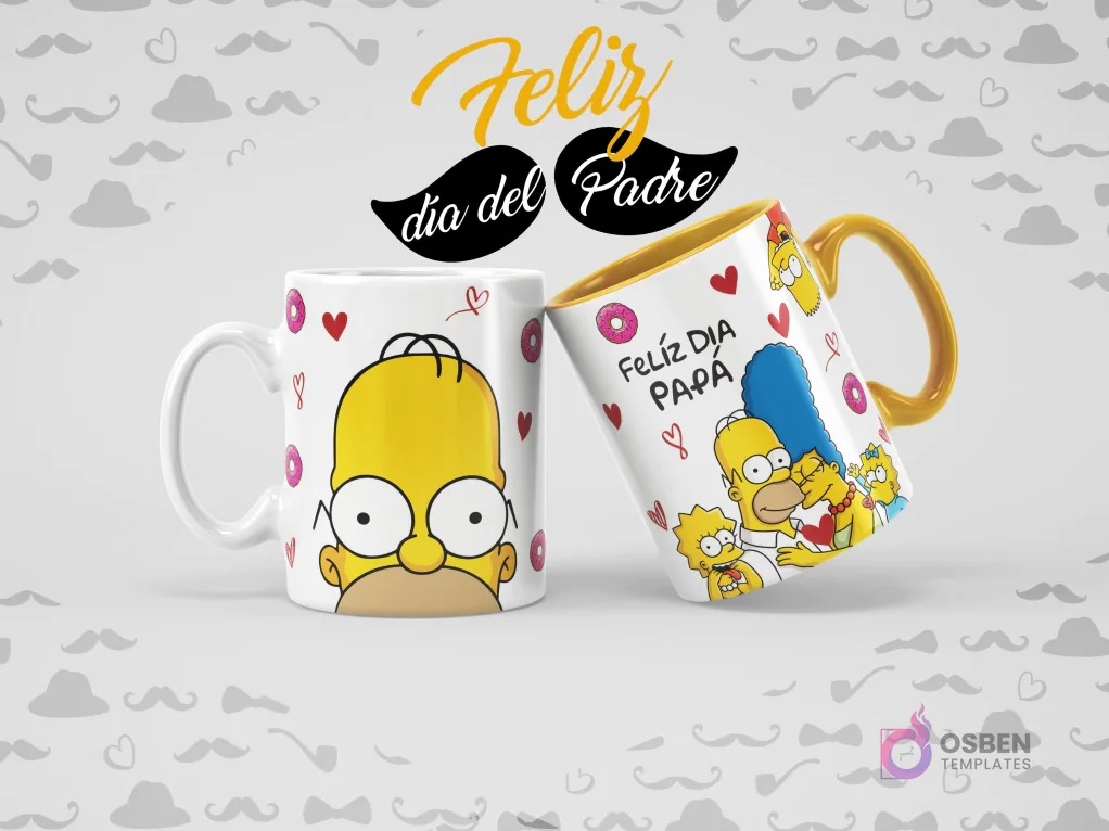 Dos tazas sublimadas de Los Simpson para el Día del Padre. Una taza blanca con la cara de Homer Simpson y otra taza amarilla con 'Feliz Día Papá' y la familia Simpson.