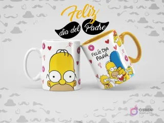 Dos tazas sublimadas de Los Simpson para el Día del Padre. Una taza blanca con la cara de Homer Simpson y otra taza amarilla con 'Feliz Día Papá' y la familia Simpson.