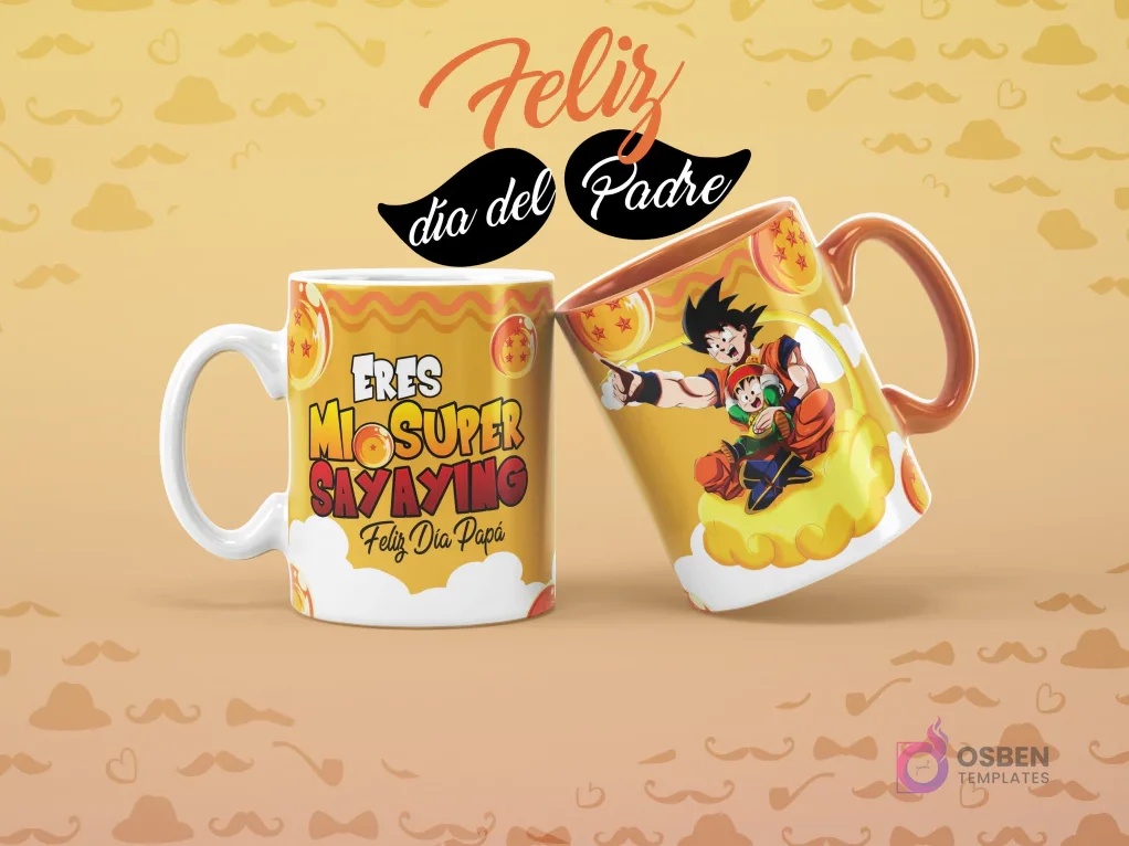 Dos tazas sublimadas de Dragon Ball para el Día del Padre. Una taza blanca con 'Eres mi Súper Sayayin' y otra taza naranja con Goku y Gohan.