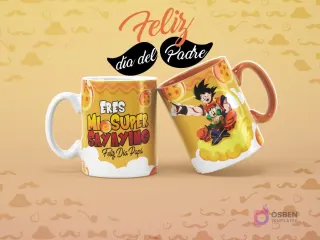 Dos tazas sublimadas de Dragon Ball para el Día del Padre. Una taza blanca con 'Eres mi Súper Sayayin' y otra taza naranja con Goku y Gohan.
