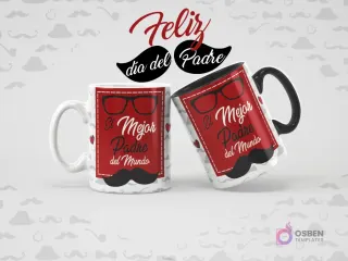 Dos tazas sublimadas con un diseño clásico para el Día del Padre. Ambas con gafas rojas y bigote negro, y el mensaje 'El Mejor Padre del Mundo' sobre un fondo gris y blanco.
