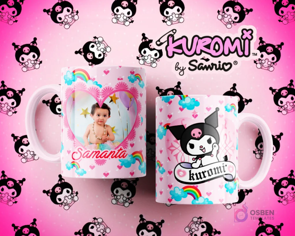 Dos tazas de sublimación Kuromi personalizadas en rosa, una con marco de corazón para foto de bebé y nombre Samanta, otra con Kuromi y arcoíris.