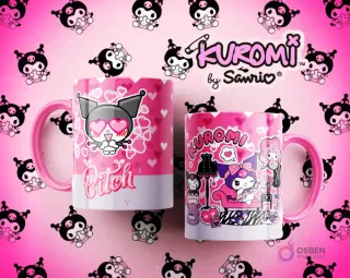 Tazas Kuromi con diseños audaces y elegantes: una con Kuromi con corazón y la palabra 'Bitch', la otra con Kuromi en una habitación rosa con un vestido.