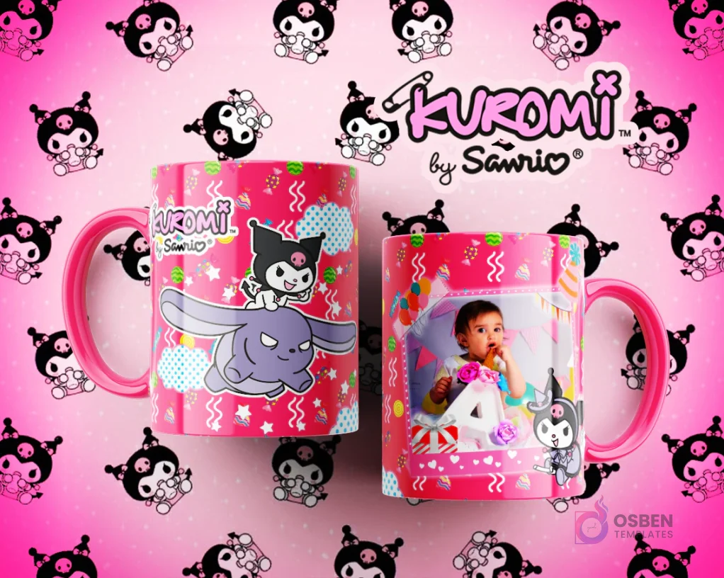 Tazas Kuromi con Cinnamoroll y diseño de cumpleaños infantil: una con Kuromi montando a Cinnamoroll, la otra con foto de bebé y el número 4 en tono rosa.