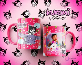 Tazas Kuromi con Cinnamoroll y diseño de cumpleaños infantil: una con Kuromi montando a Cinnamoroll, la otra con foto de bebé y el número 4 en tono rosa.