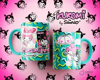Dos tazas de sublimación Kuromi y My Melody en tonos teal y verde, mostrando diseños de amistad y colaboración entre los personajes.