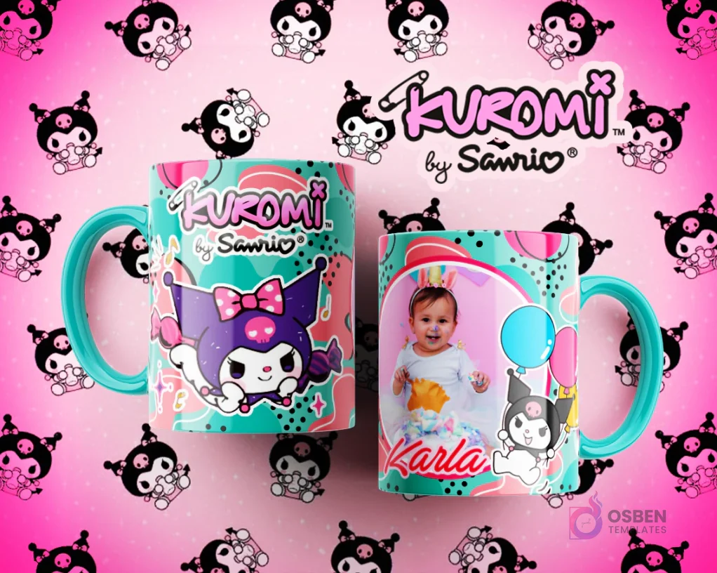 Tazas Kuromi personalizables en teal: una con Kuromi con un gran moño morado y la otra con foto de bebé Karla y globos.