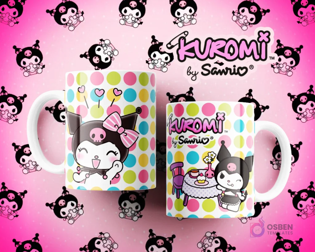 Tazas Kuromi blancas con lunares de colores, presentando a Kuromi sonriendo y disfrutando de un té en un ambiente relajado.