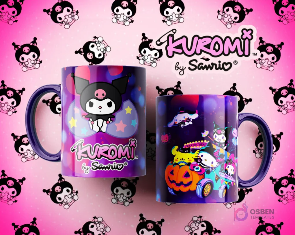 Tazas Kuromi con diseños oscuros y temáticos: una con Kuromi rodeada de estrellas y la otra con Kuromi y amigos en un vehículo temático de Halloween.