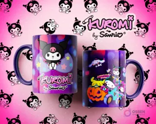 Tazas Kuromi con diseños oscuros y temáticos: una con Kuromi rodeada de estrellas y la otra con Kuromi y amigos en un vehículo temático de Halloween.