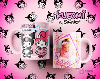 Tazas Kuromi y My Melody en trajes elegantes de maid/princesa y taza personalizada con foto de bebé recién nacida Karla y marcos coloridos.