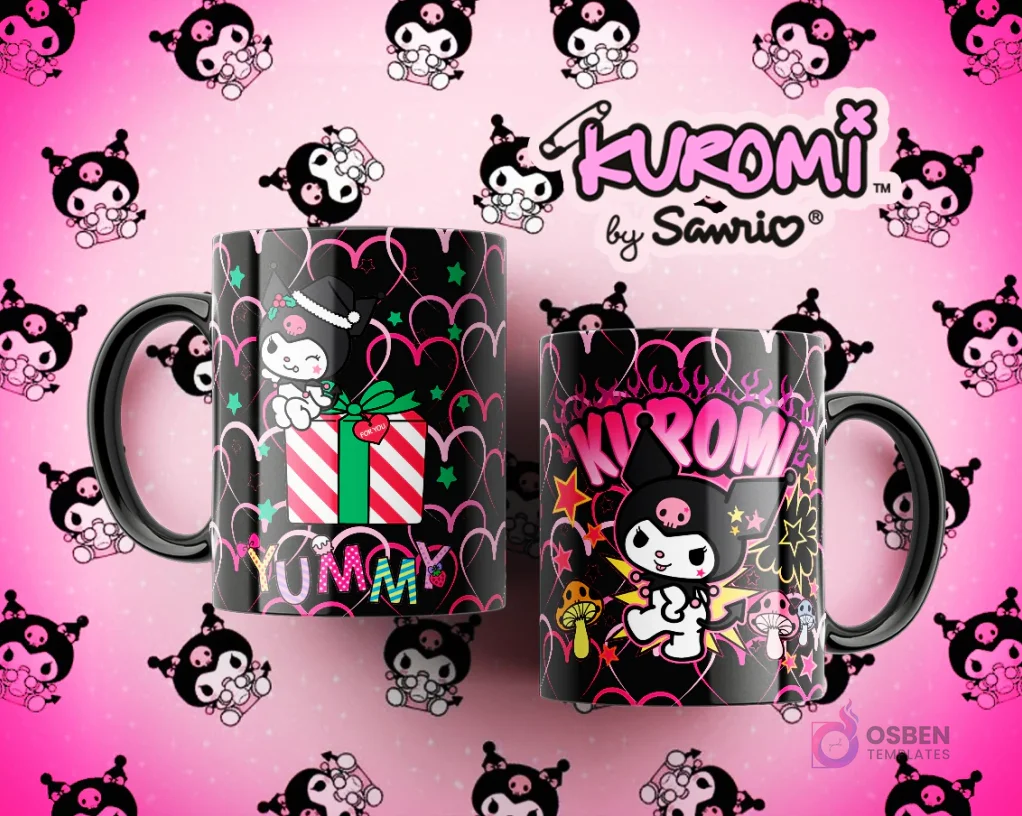 Tazas Kuromi negras con diseños contrastantes: una con Kuromi sosteniendo un regalo navideño y otra con Kuromi estilo punk con fuego y hongos.
